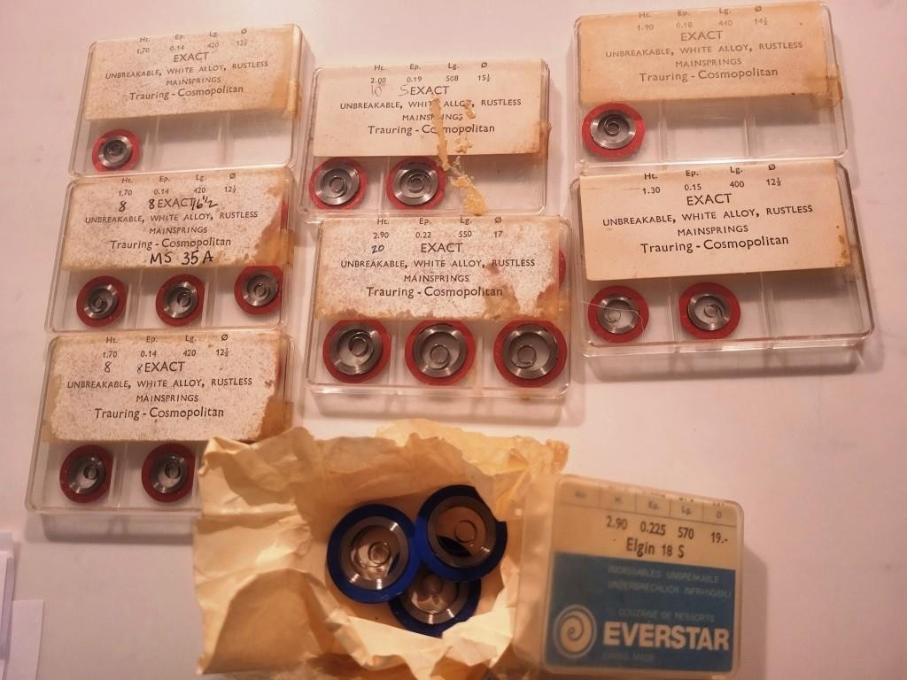 Large Lot of Elgin Pocket Watch White Alloy Mainsprings 3/0, 6,12, &18 sizes