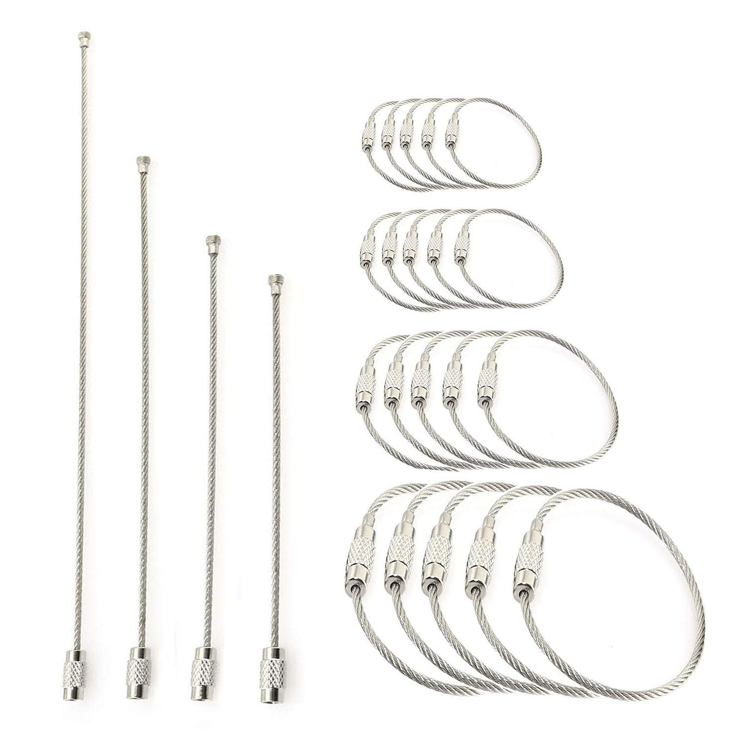 20pcs Stainless Steel Wire Keychains 1.5mm Aircraft Cable Key Ring Loops 4 Lengt