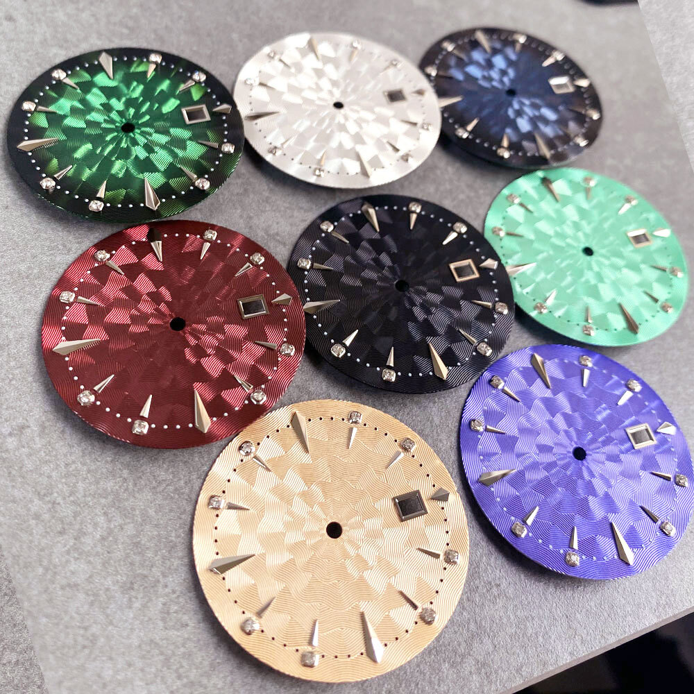 35mm Sunburst Textured Dial Diamond Silver Index Ocean Wave Pattern Fit NH Movt