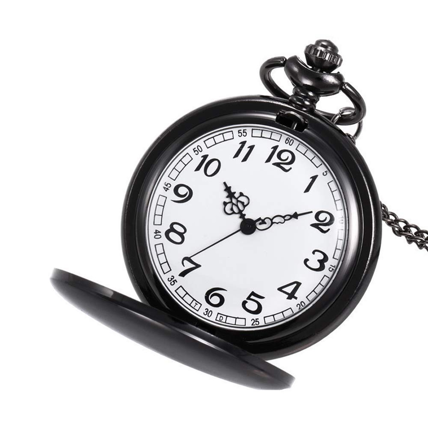 Set of 2 Classic Pocket Watch with Chain for Men and Women Black Silver