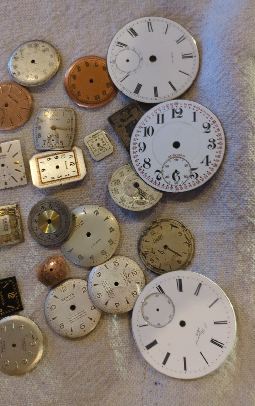Lot of 55 Watch/Pocket Watch Dials. Wakmann, Bulova Accurton, Waltham, Sportsman