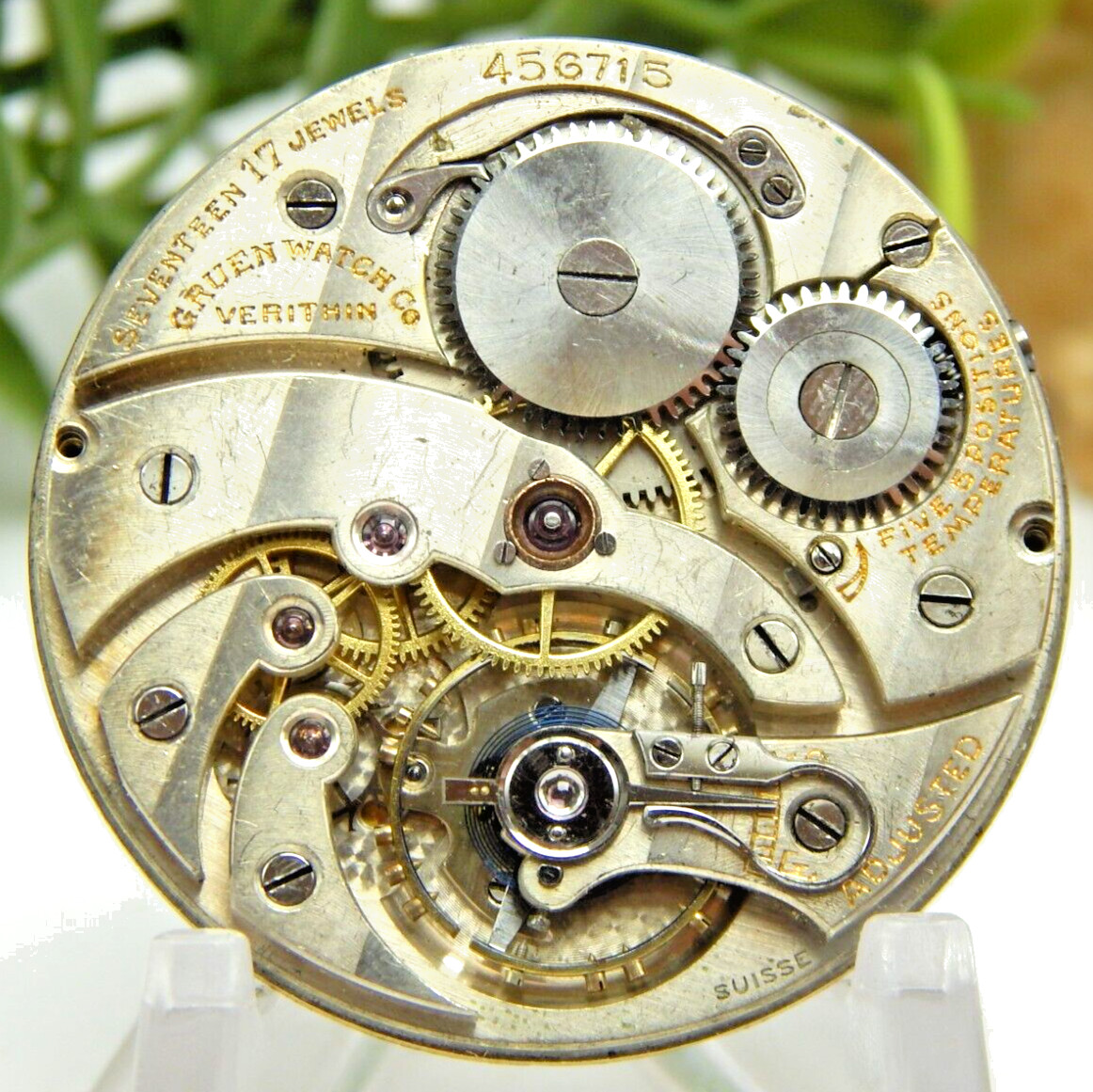 Antique Pocket watch movement Swiss Gruen High Grade 17 jewel ADJ 5 pos & Temp