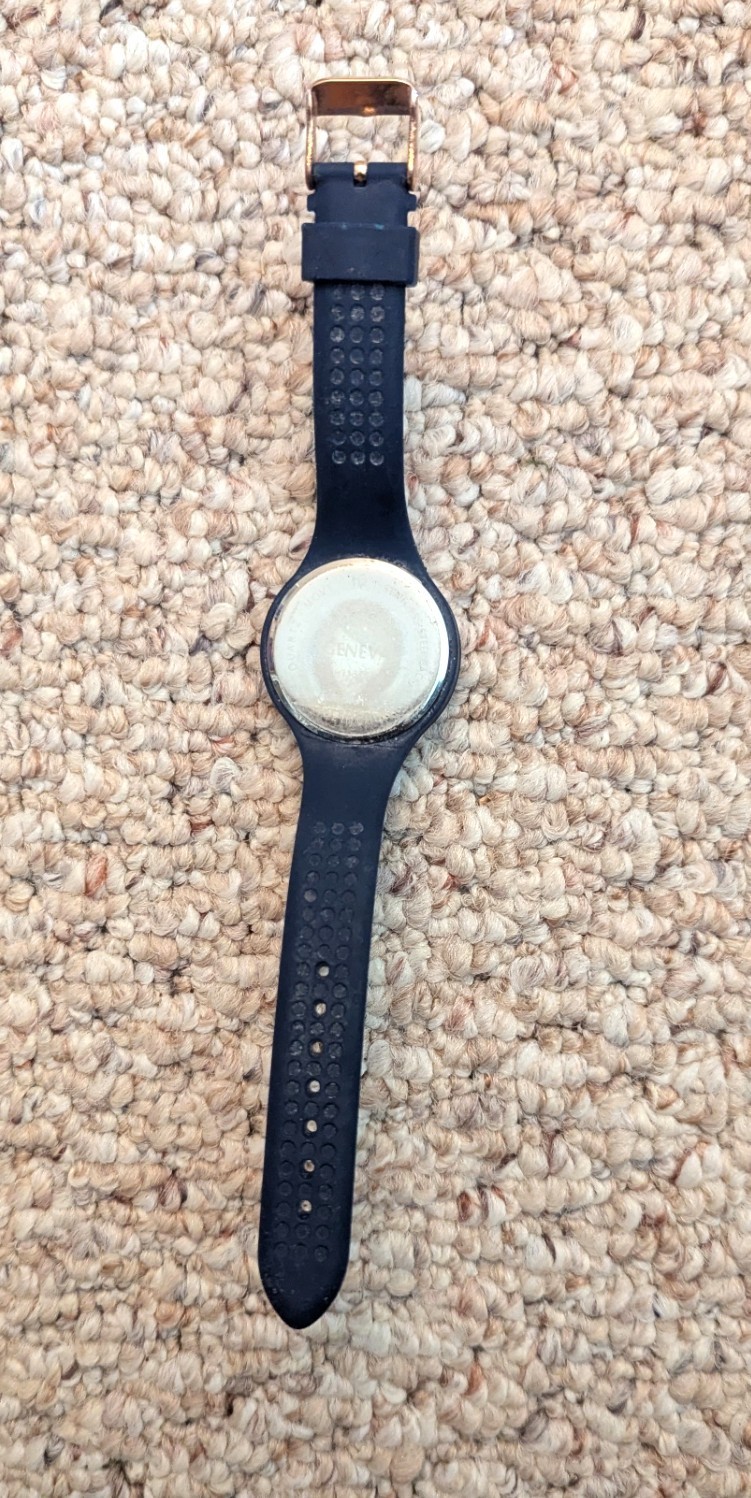geneva wrist watch gold trim crystal black soft flex buckle band
