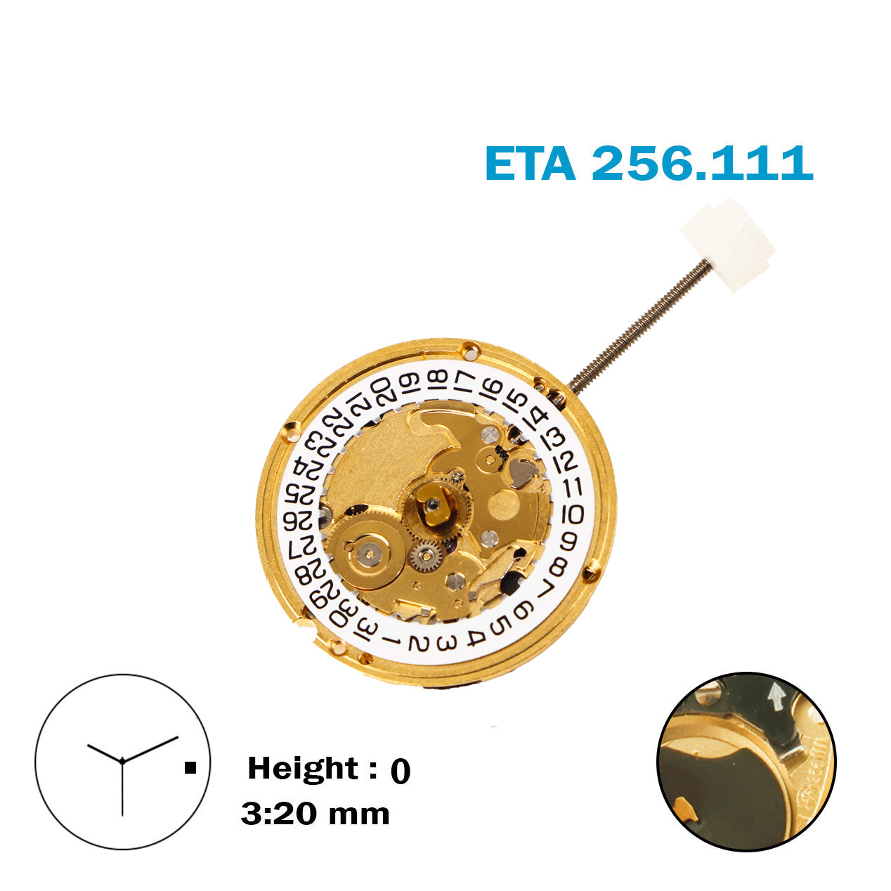 ETA 256.111- Swiss Made Movement White Date Disk at 3-3 Hands-H:0(3.20mm).