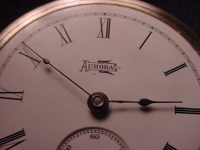 AURORA 18 SIZE OPEN FACE POCKET WATCH WHICH RUNS & SETS & IS IN ORIGINAL CASE!#5
