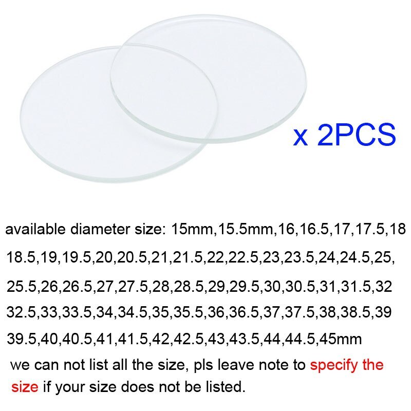 2x Flat Round Watch Crystal Glass 15-45mm Watch Replacement Lens 1.0mm Thickness