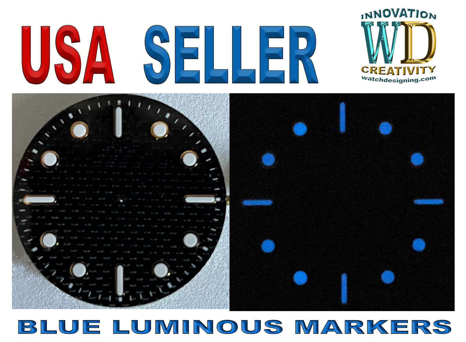 Watch Dial Hour Markers Blue TRITNITE Luminous Parts Bars GOLD Silver Edge
