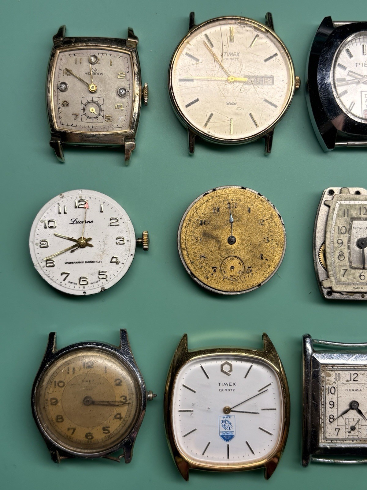 Vintage Watchmakers Project Repair Lot Timex Elgin Helbros Herma Movements 12 Pc
