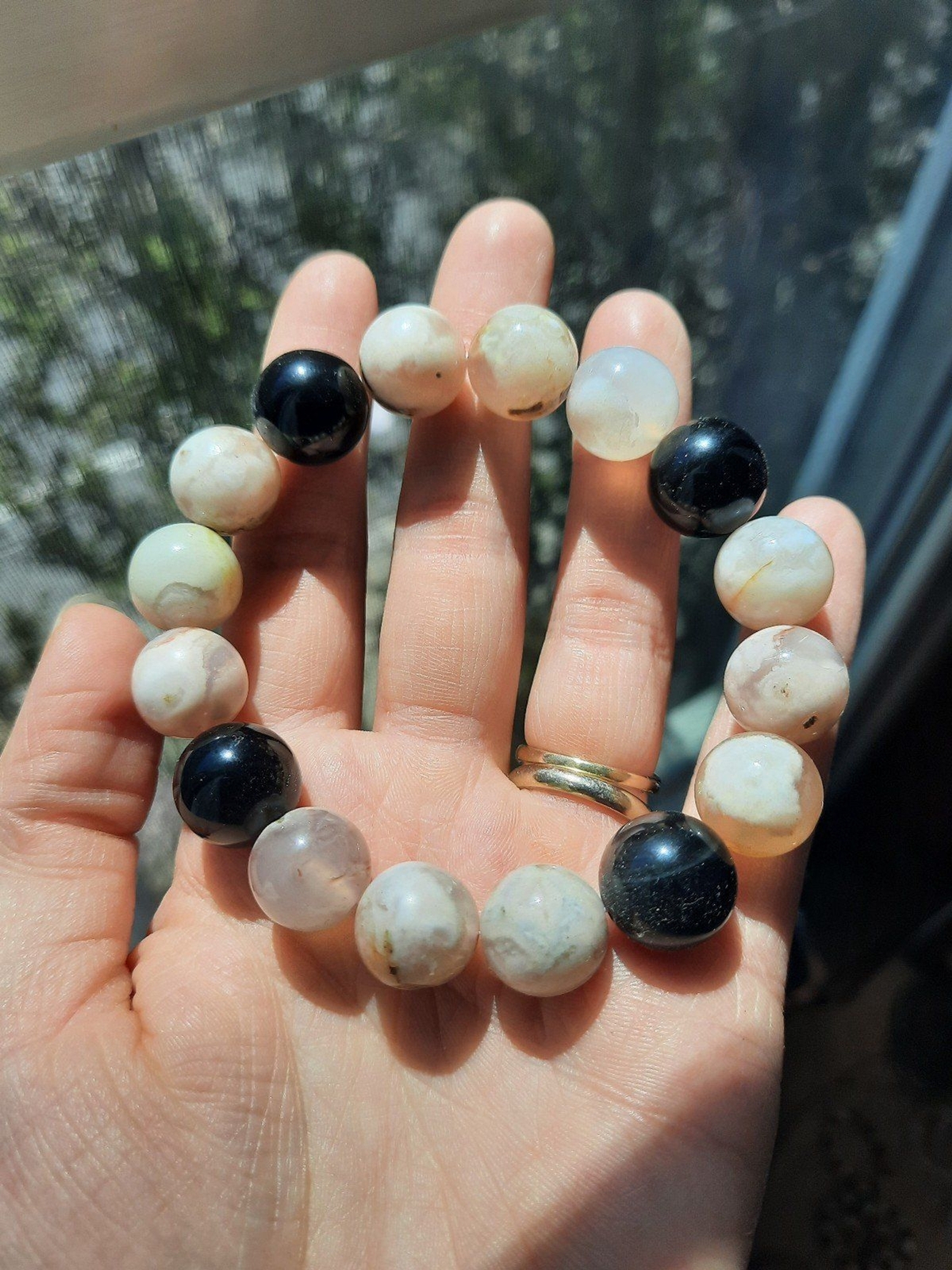 Black obsidian x Flower Agate 10 MM Crystal beaded Bracelet