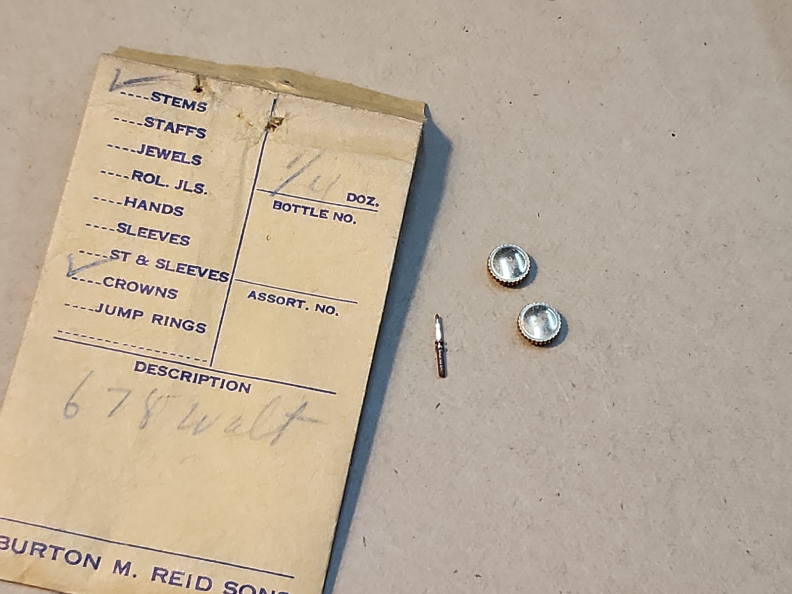 NOS Waltham 678 Stem & 2 Yellow Crowns Parts Spares Repairs