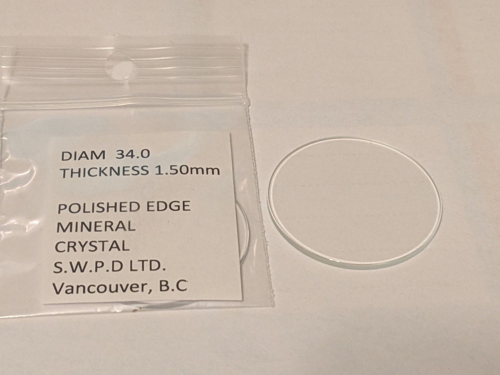 Watch crystal flat round mineral glass diameter 34.0mm x 1.50mm 10 pieces