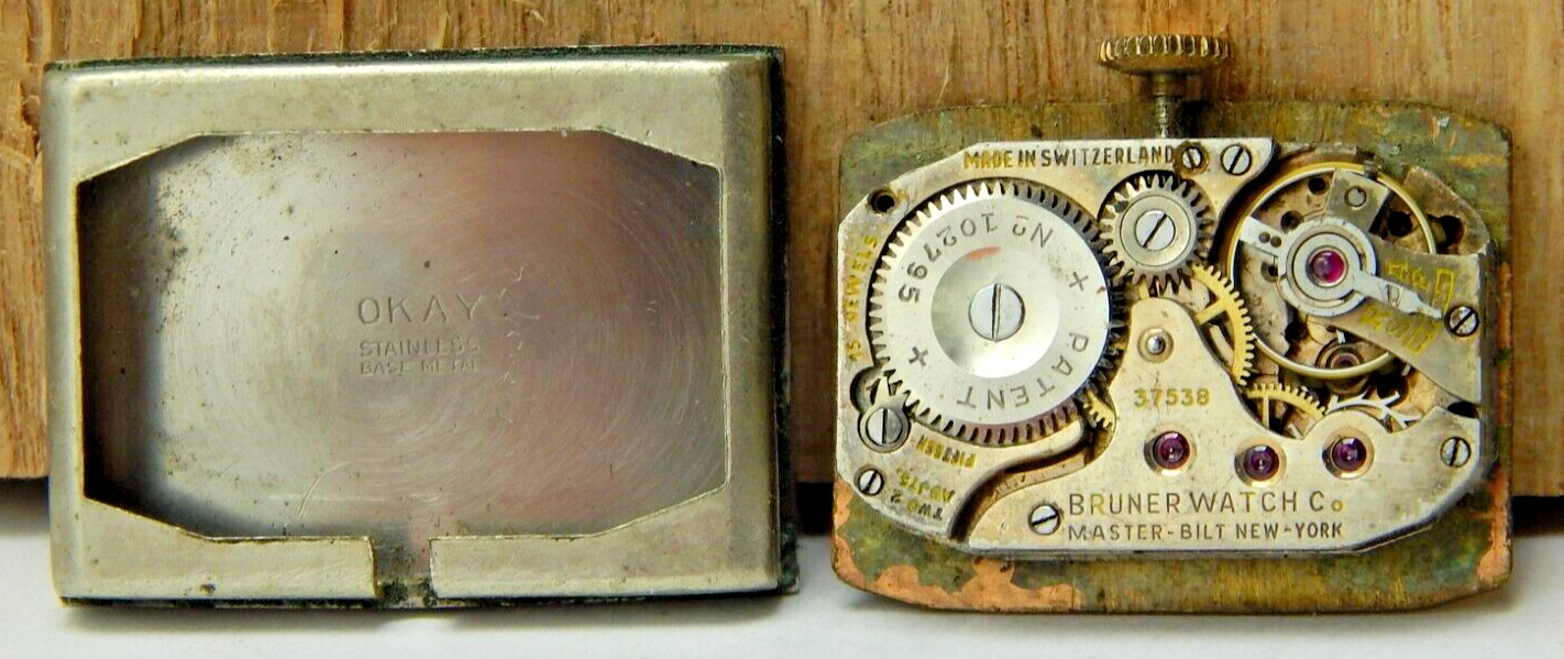 Vintage Bruner 15 jewel 2 adjustment wrist watch movement with dial with crown