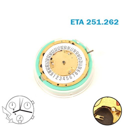 ETA Swiss Movement 251.262- Chronograph-White Date Disk At 6- 6 Hands-27 Jewels.