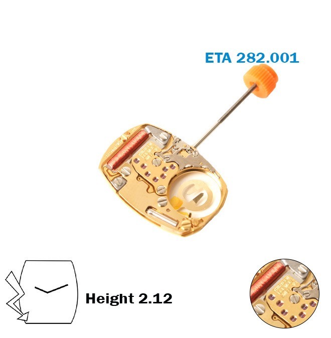 ETA 282.001- Swiss Watch Movement-2 Hands-With Stem-Without Disk-Height: 2.12mm.