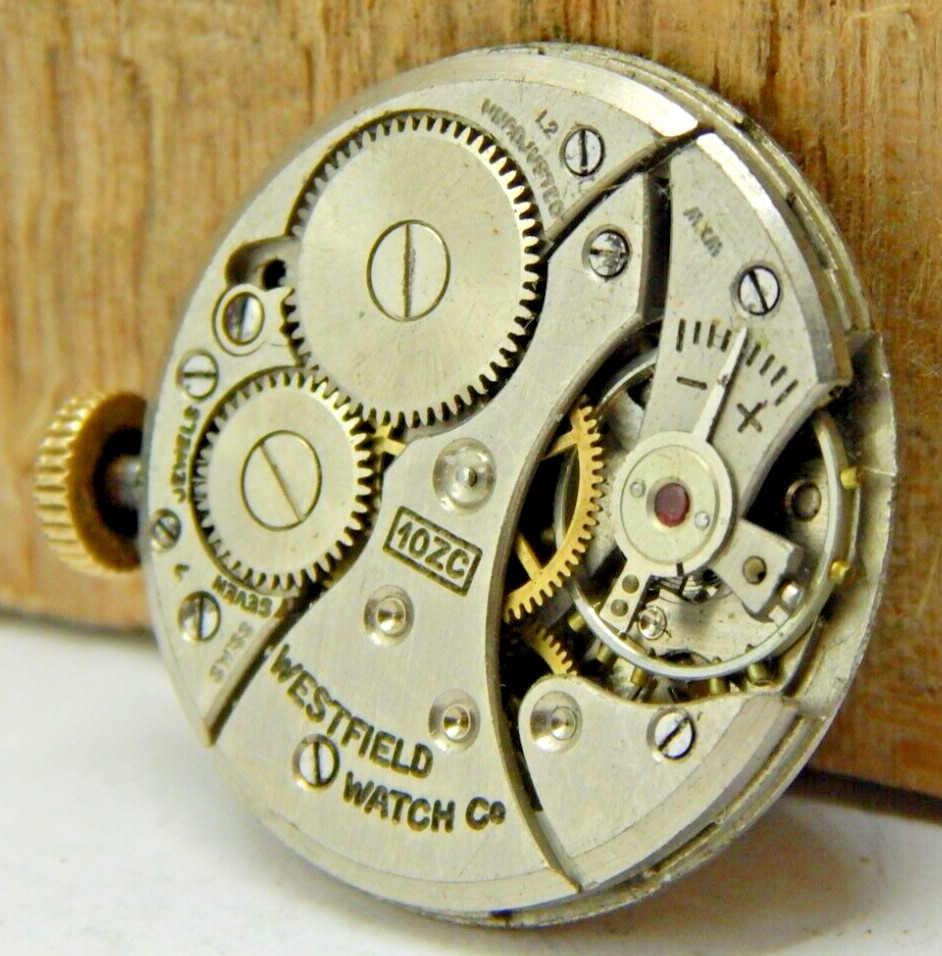 Vintage 1952 Westfield 10ZC 7 jewel men’s wrist watch movement with crown & stem