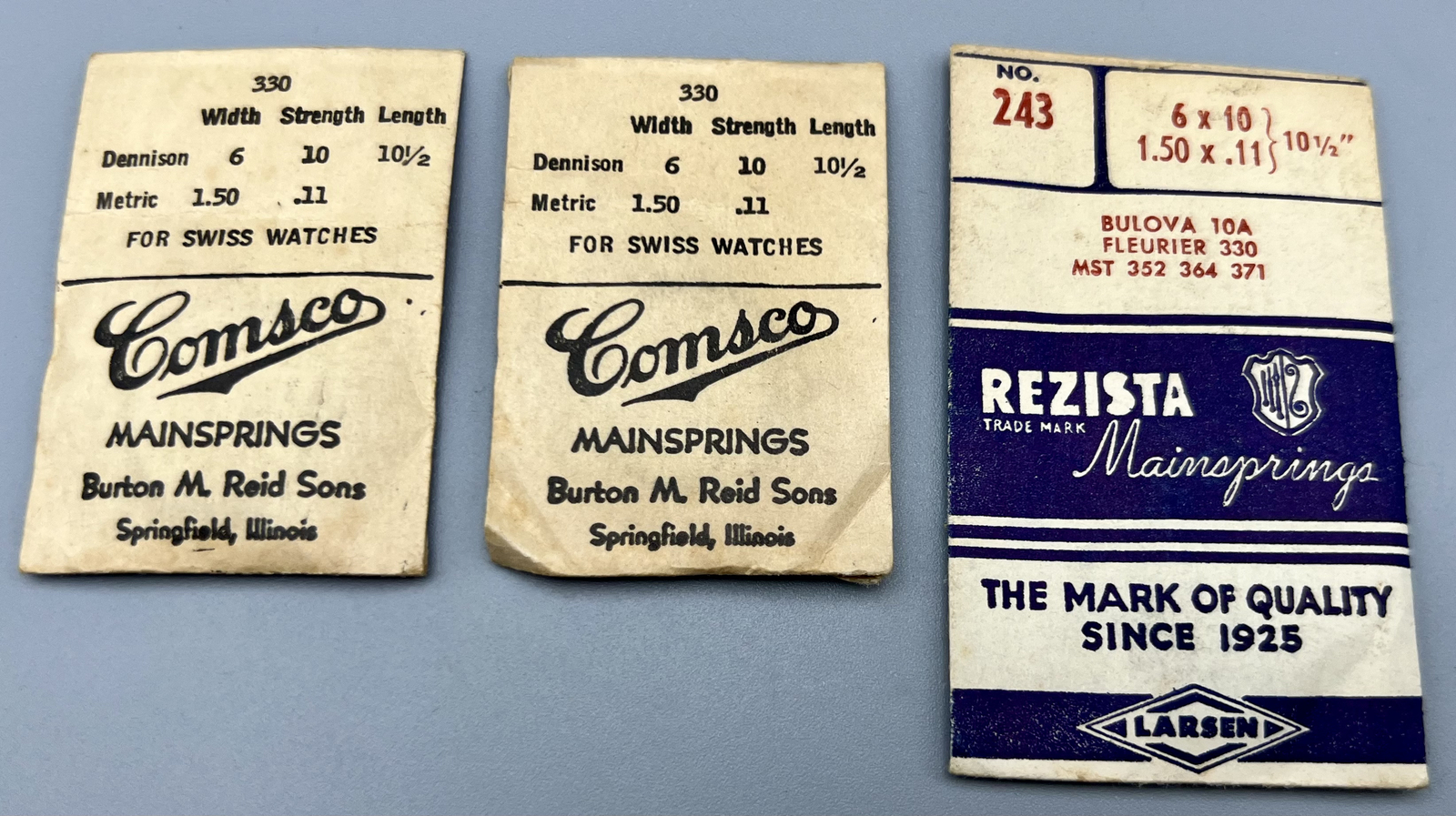 LOT 3 REZISTA #243 (6 10 10.5) COMSCO BULOVA MAINSPRING WATCH PARTS NOS LOT D15