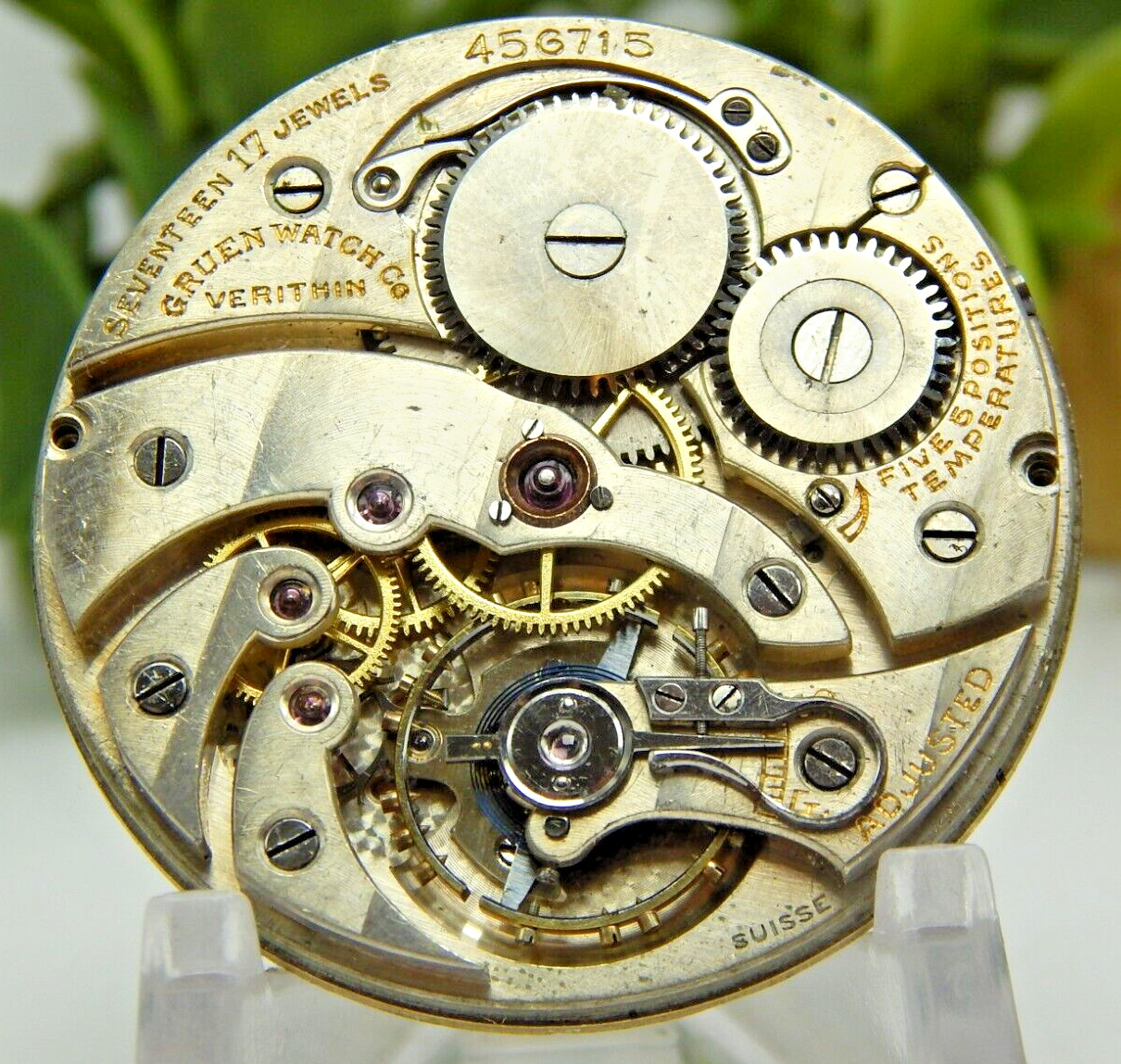 Antique Pocket watch movement Swiss Gruen High Grade 17 jewel ADJ 5 pos & Temp