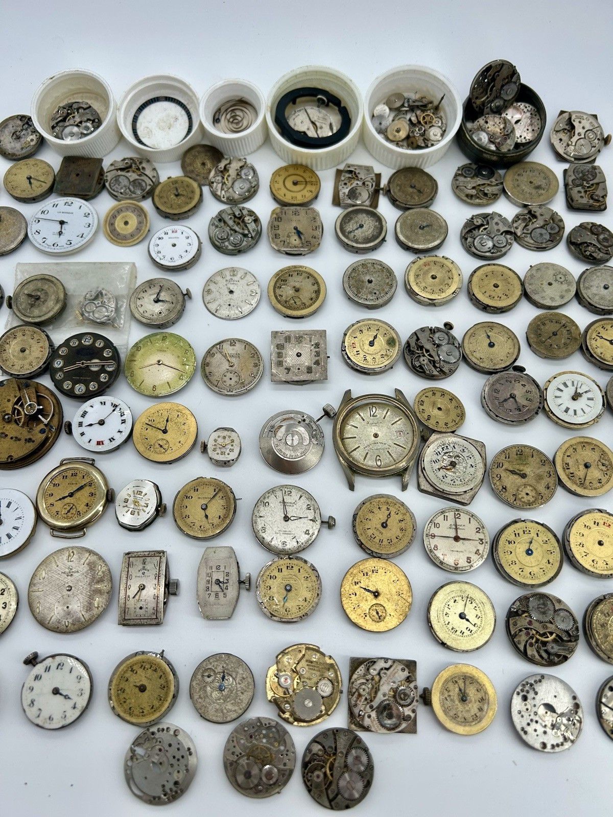 Vintage Watch Parts Repair Lot Movements Dials Elgin Waltham Bulova etc 100+ pcs