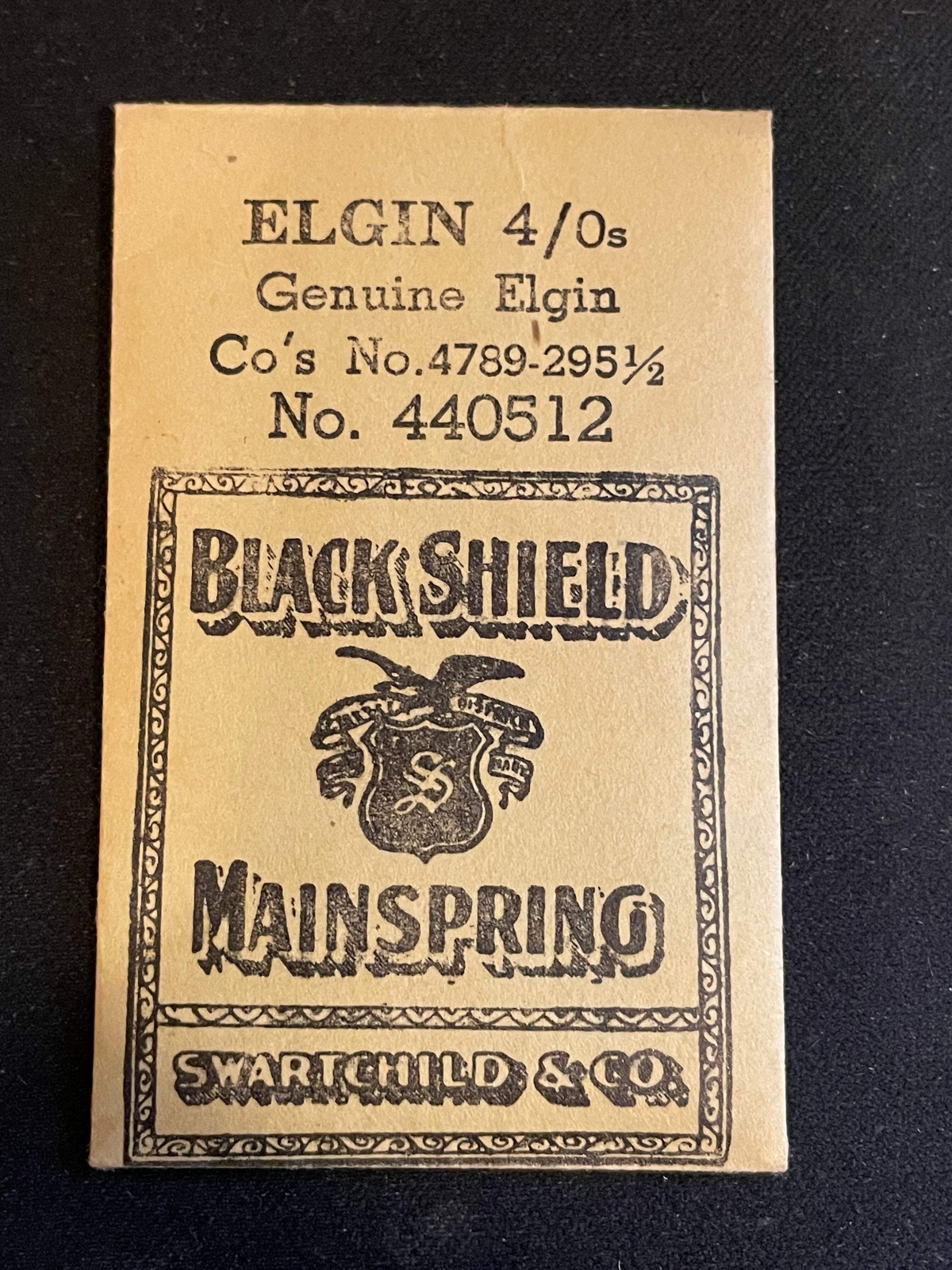Swartchild Black Shield Mainspring #440512 for Elgin 4/0s No. 4789 – Steel