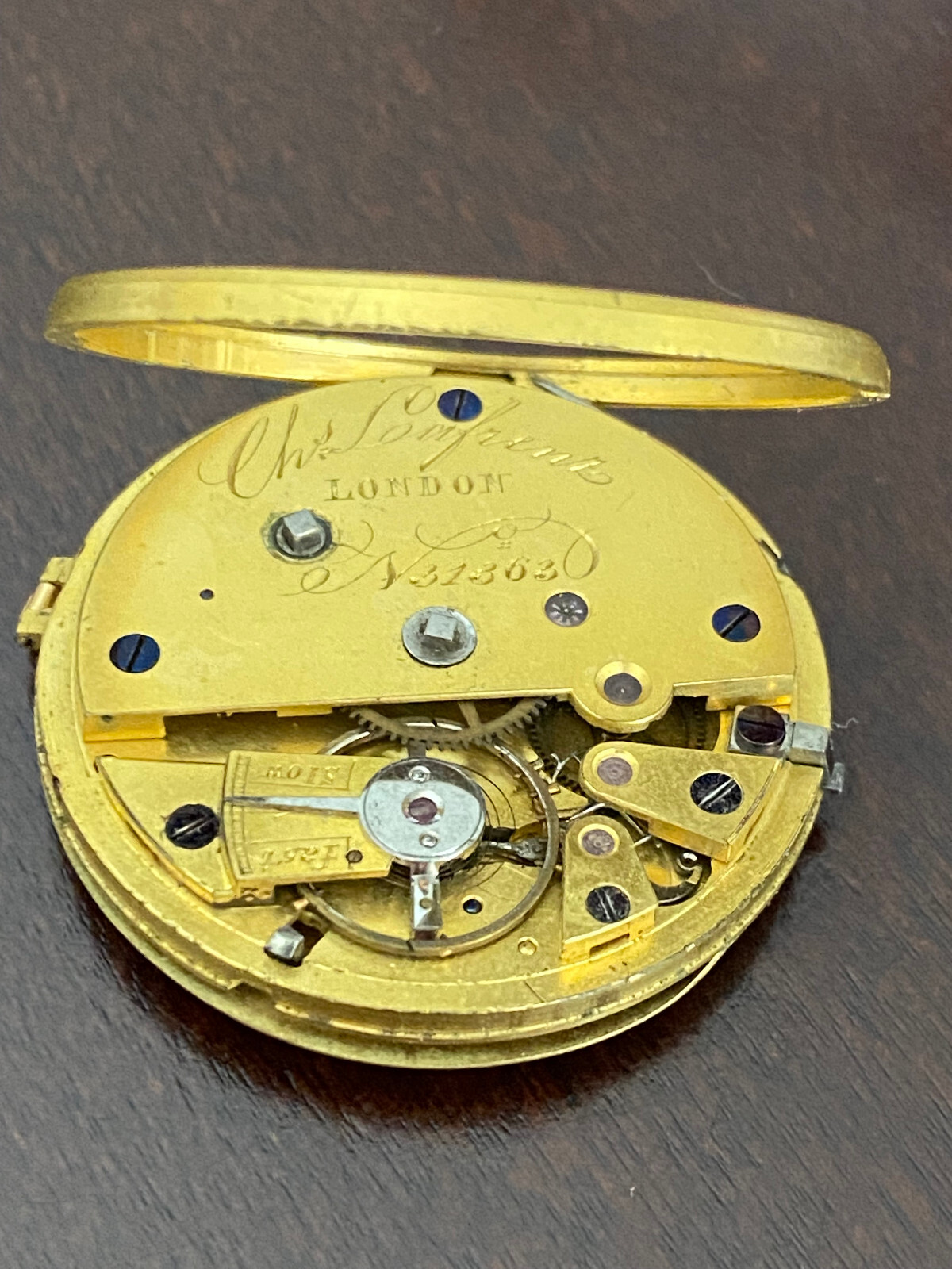 VINTAGE 38.42MM LONDON POCKET WATCH MOVEMENT, RUNS, NO DIAL