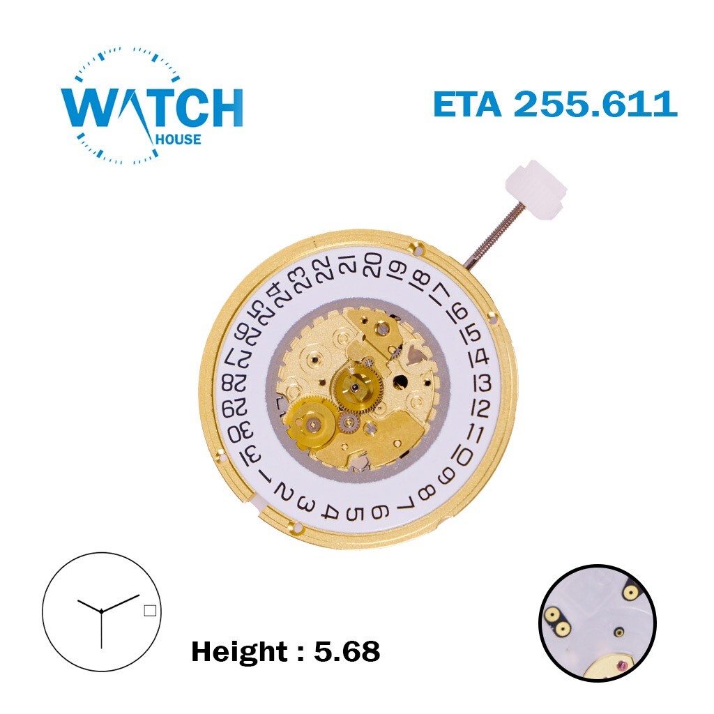 ETA 255.611 Swiss Made Quartz Movement, White Date Disk At 3, 3 Hands, Height 5.
