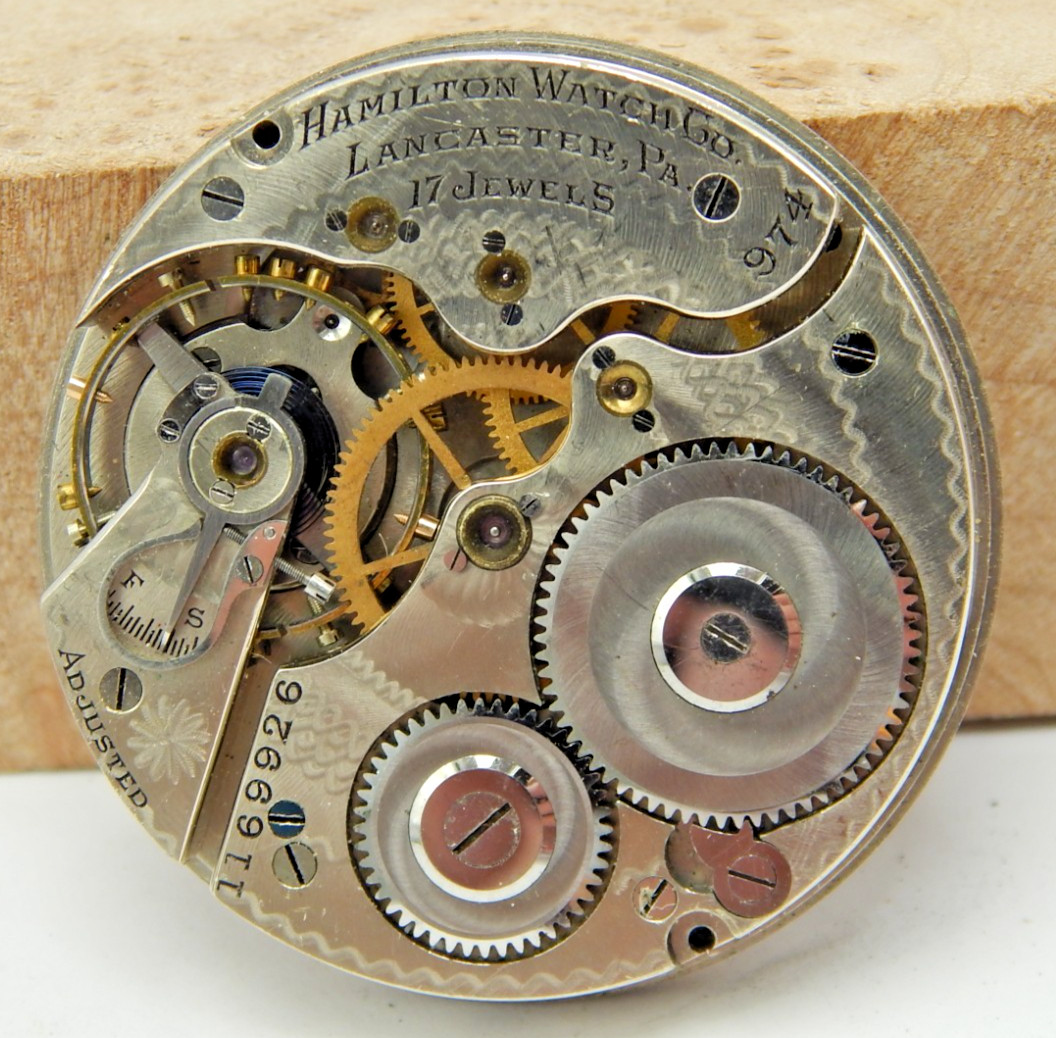 Vintage 1916 Hamilton 974 16s 17 jewel adj pocket watch movement w/ dial & hands