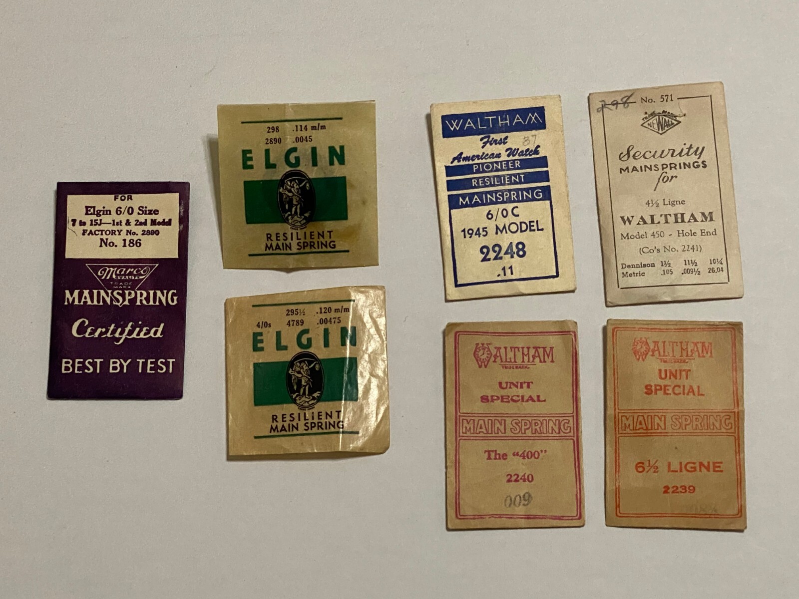 Pocket Watch Springs (4) and Envelopes (7) Elgin Waltham Lot of NOS