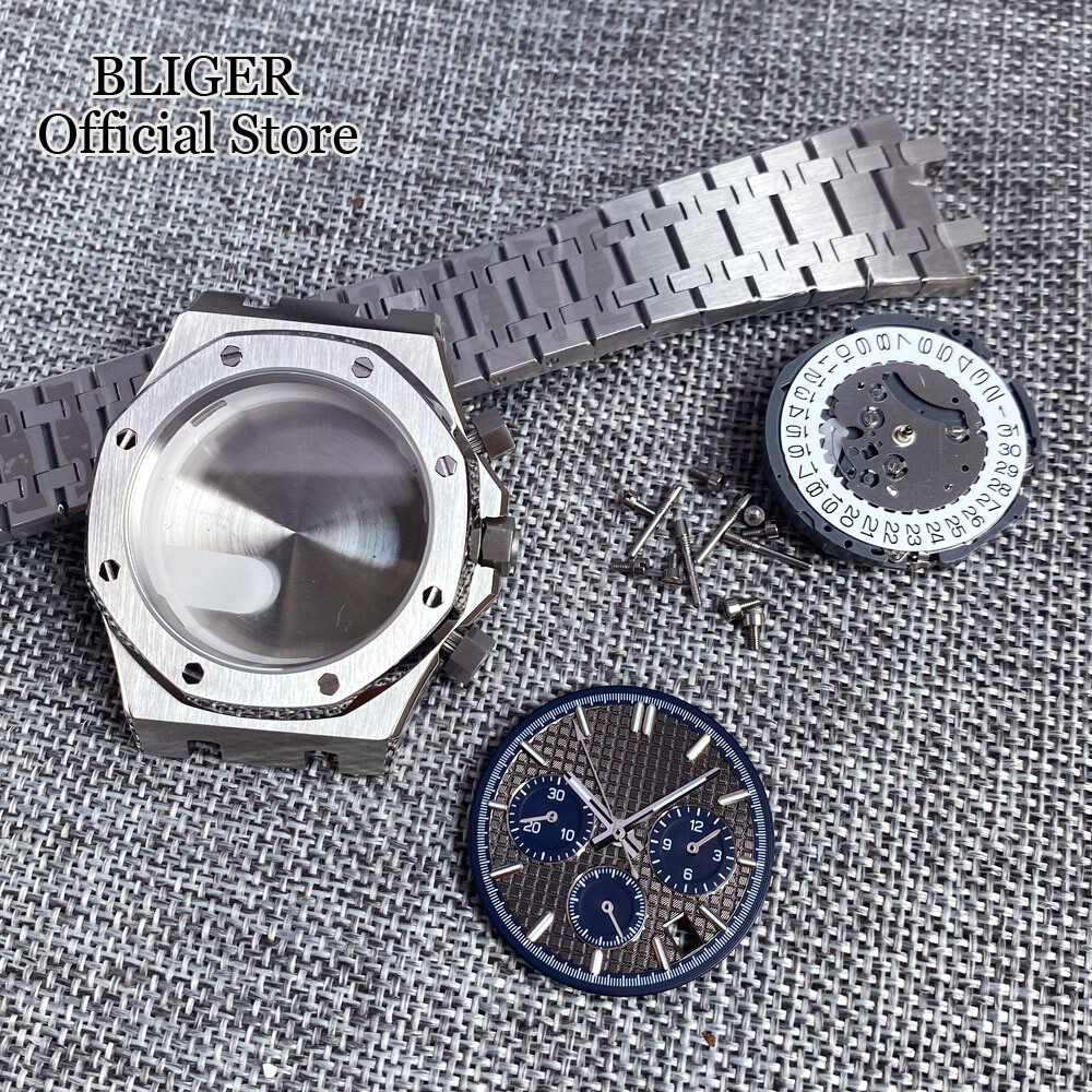 42mm Brushed Watch Case Bracelet 32.1mm Black Blue Dial Fit VK63 Quartz Sapphire