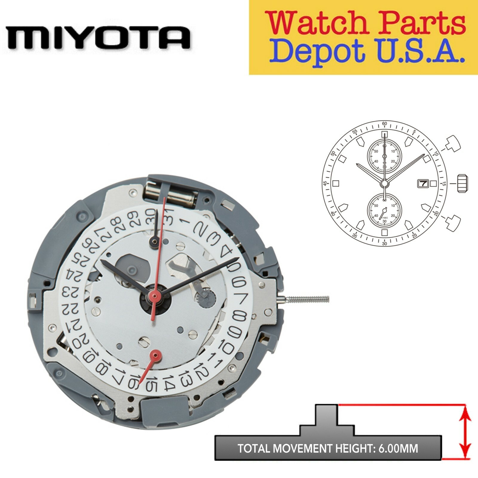 Original Miyota 0S11, 13 1/2 Ligne, 3 Hands, Date 3, 2 Eyes (6,12) Chronograph