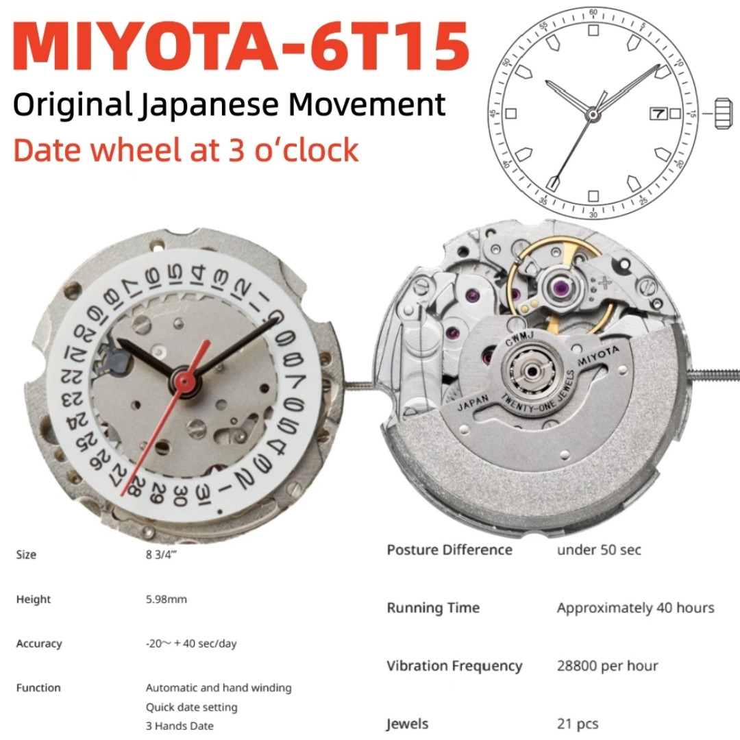 Genuine Miyota 6T15 Automatic Movement 21 Jewels Small Size Japan Watch Repair