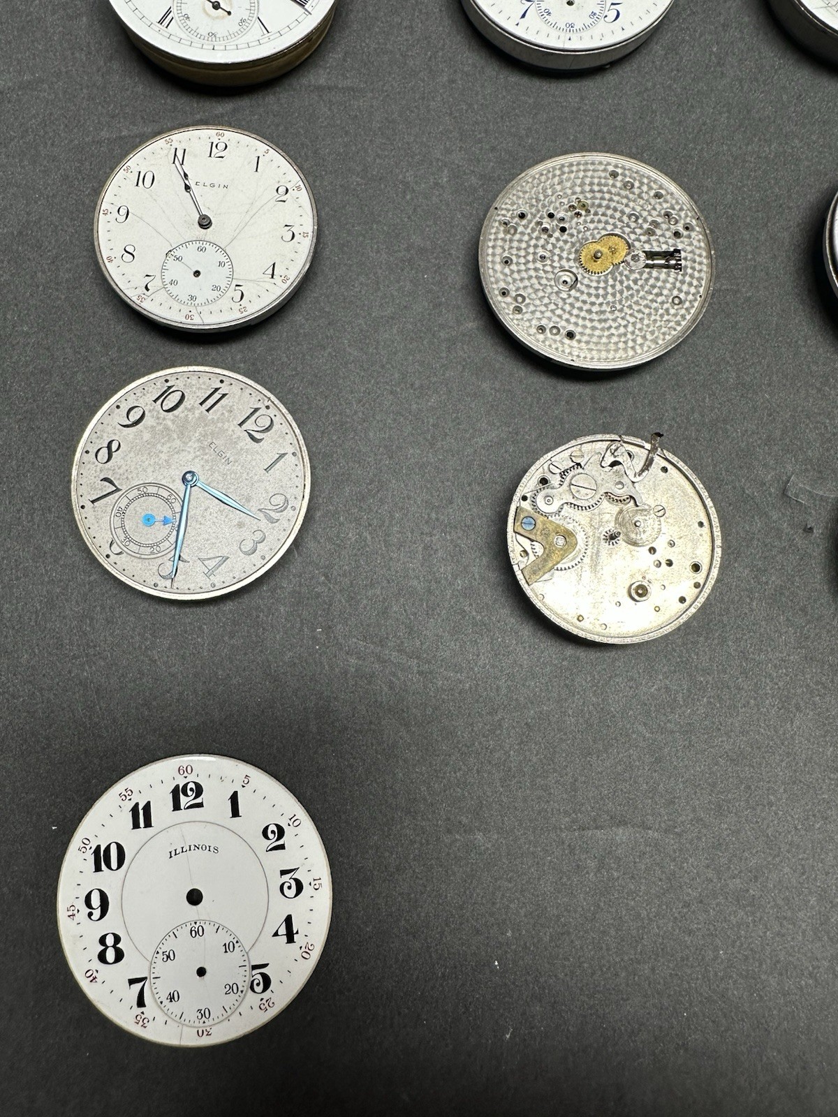 Lot of 11 Pocket Watch Movements Illinois Burlington Waltham Elgin + 2 Dials