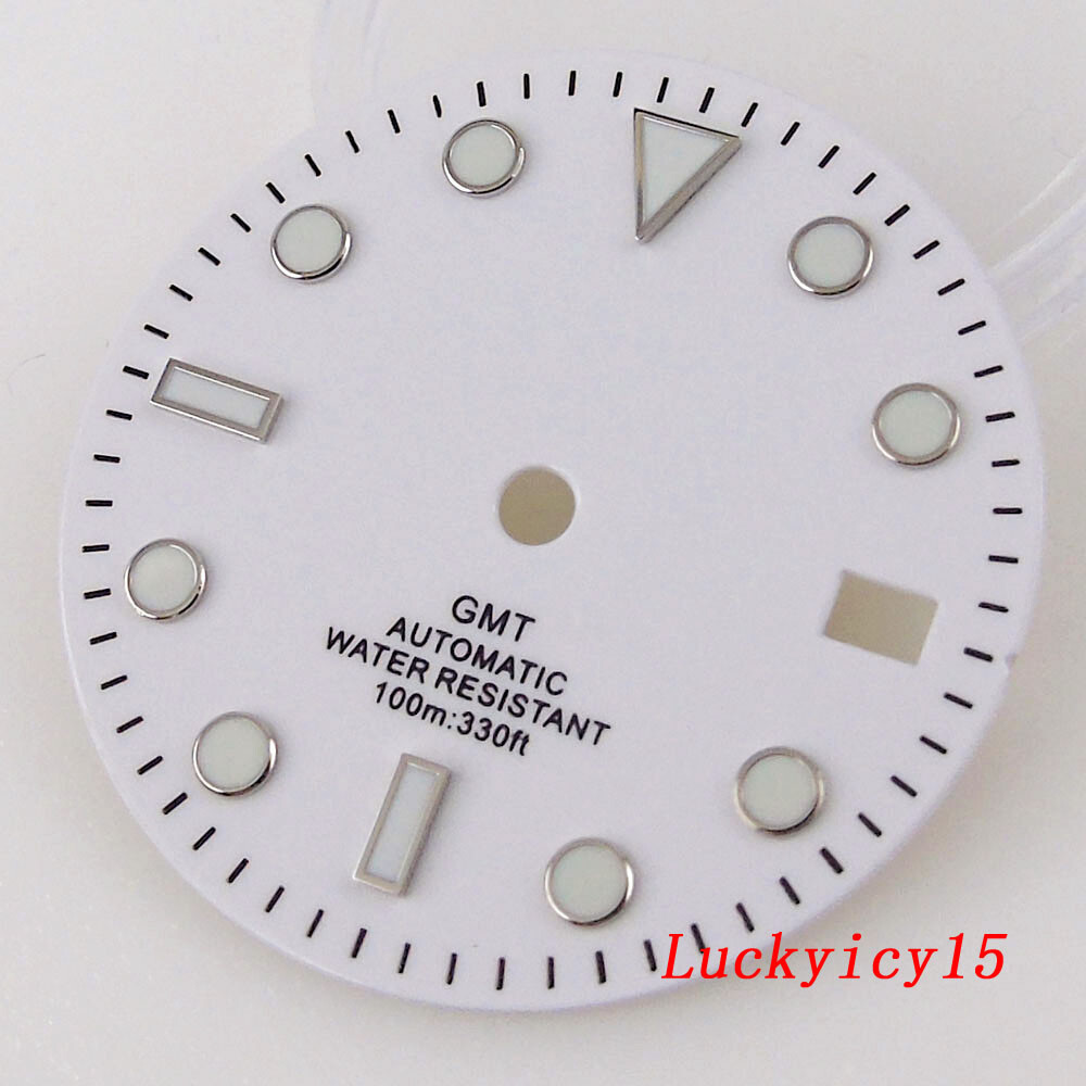 29MM Green Luminous White Watch Dial Fit NH34 NH34A GMT Automatic Mens watch