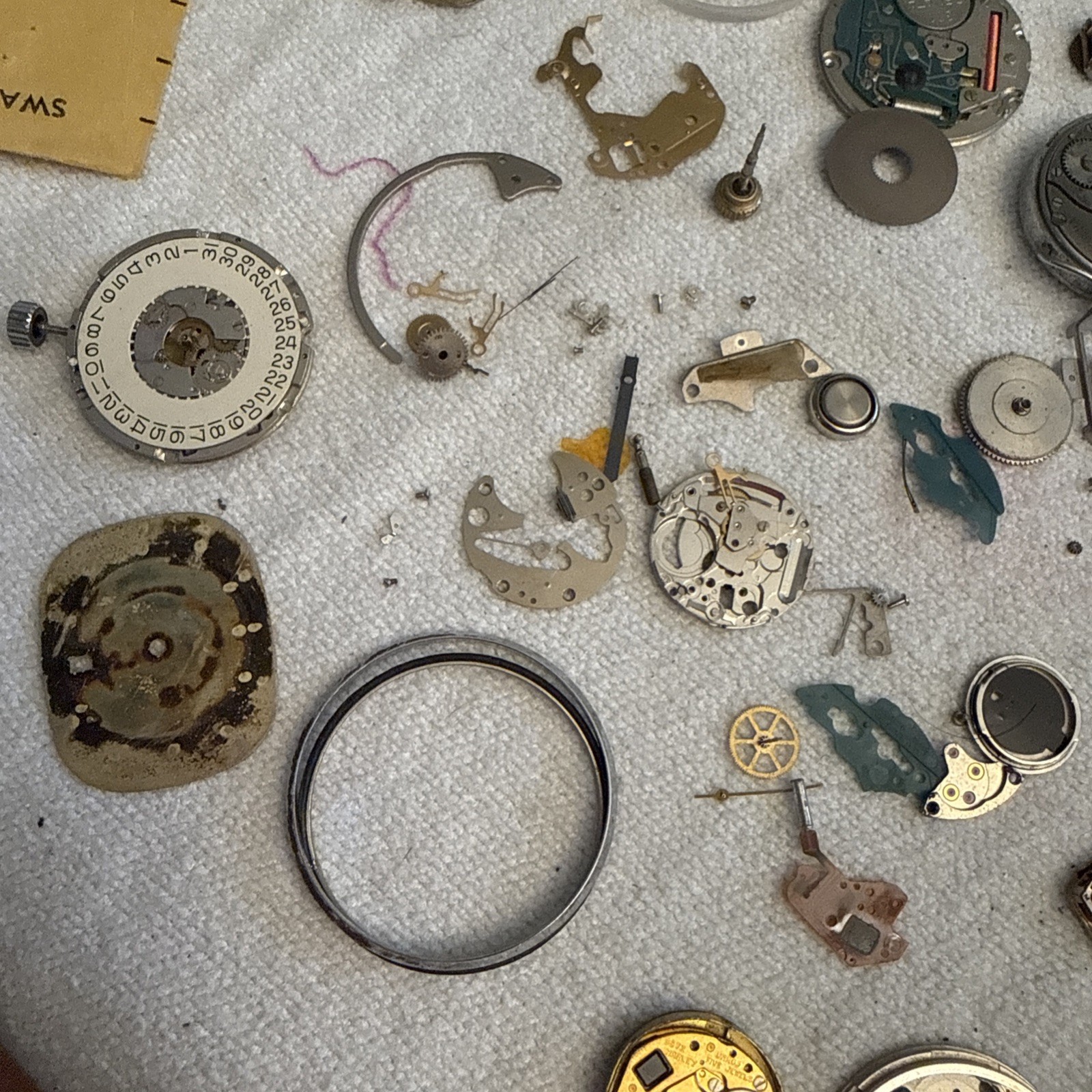 Vintage Watchmaker Repair Lot- Mixed Movements, Dials, Gears