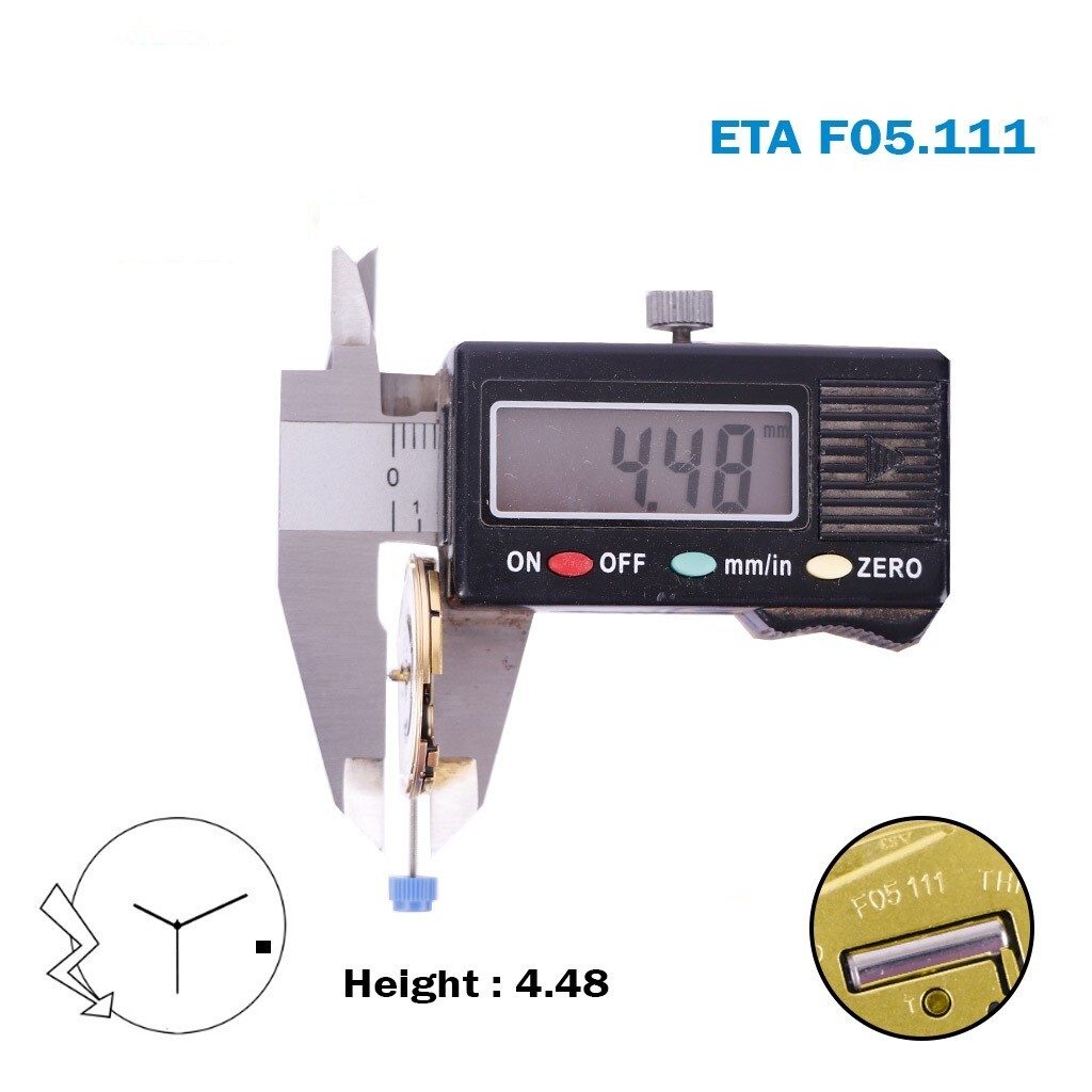ETA F05.111 Swiss Watch Movement, White Date Disk On 3, 3 Hands, Height 4.48.
