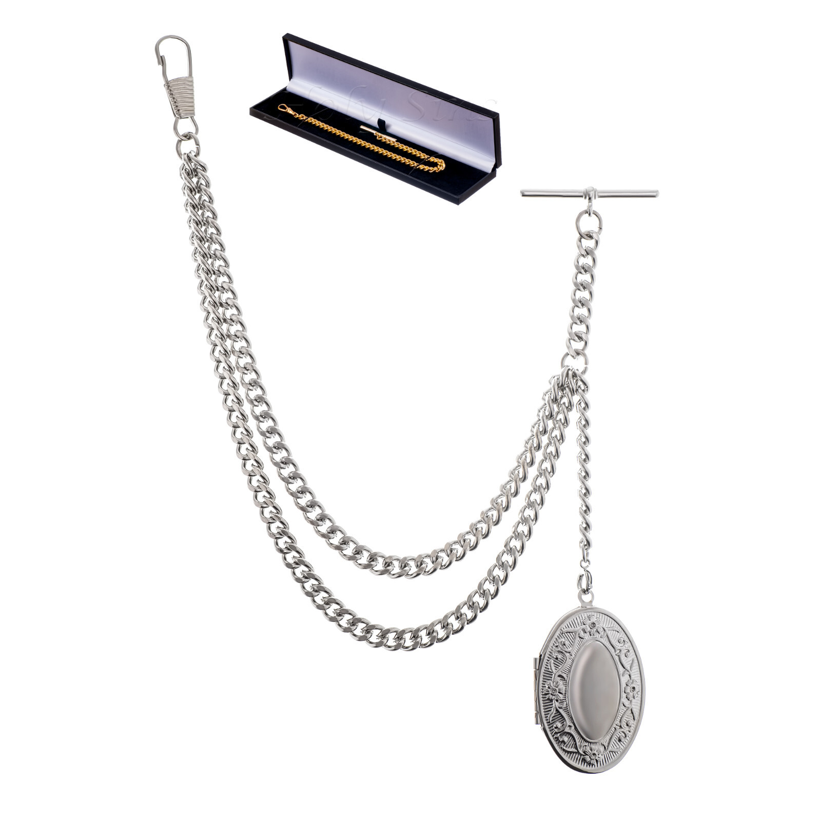 Silver Colour Single Albert Pocket Watch Chain With Pendant 001-S