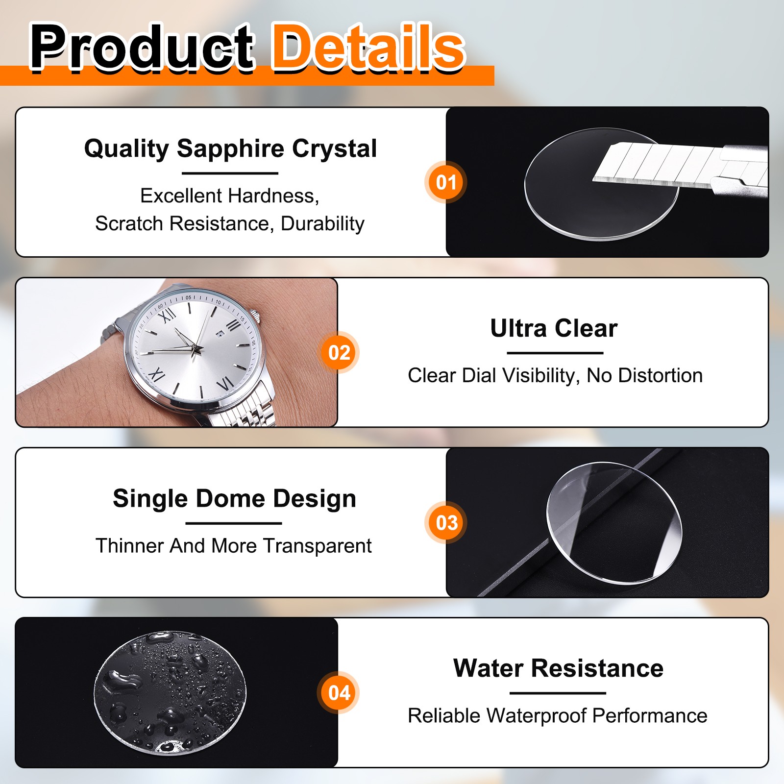 Watch Crystal Glass Lens 36mm Dia 1.2mm Thick Single Dome Round Sapphire