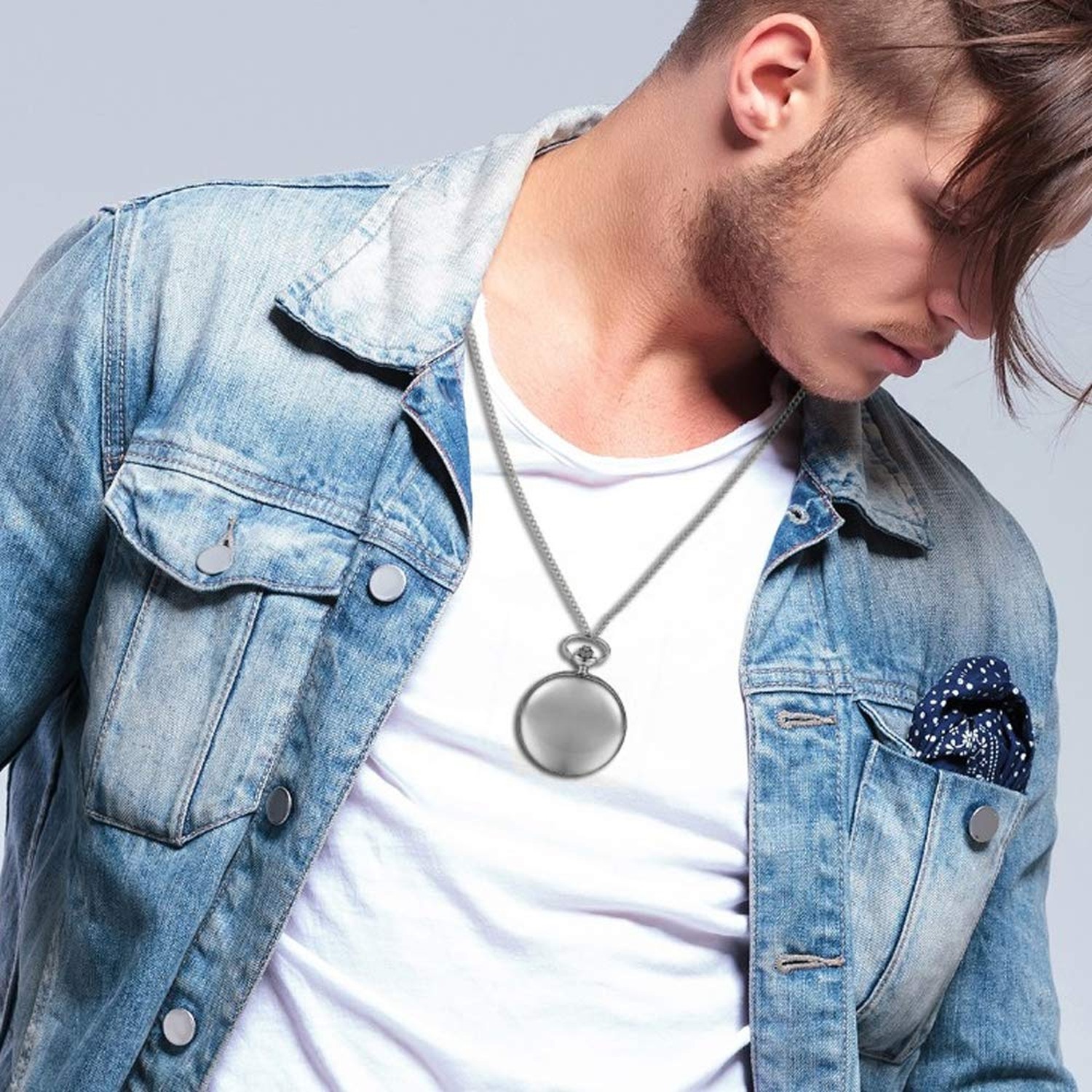 Set of 2 Classic Pocket Watch with Chain for Men and Women Silver Gold