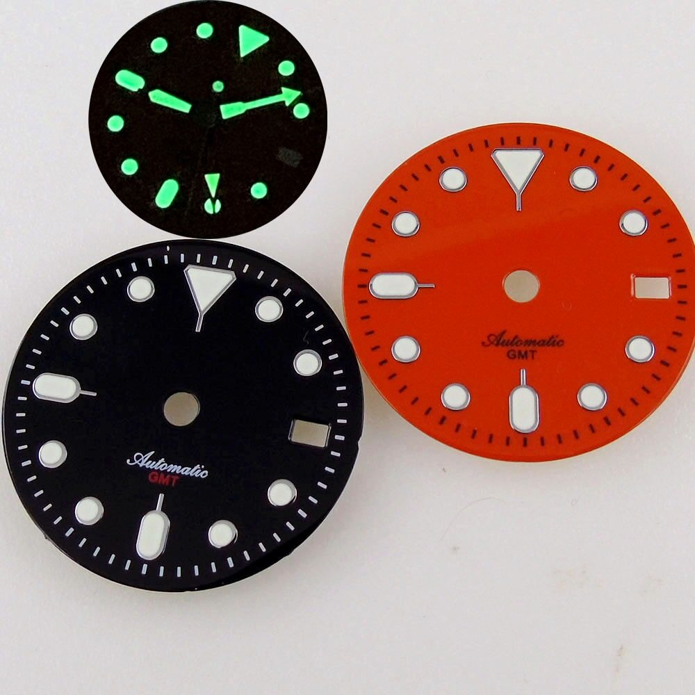 29MM GMT Dial Fit NH34 NH34A Green Luminous Black Orange Watch Dial Date Window