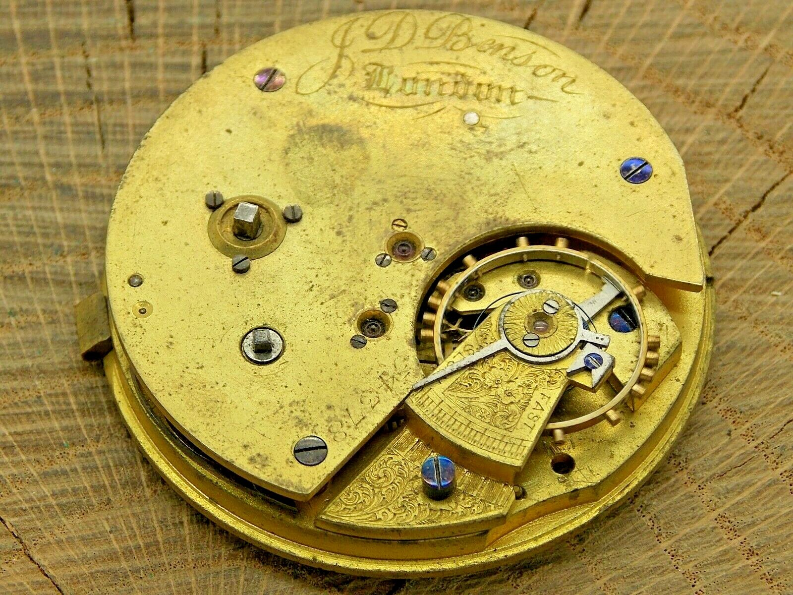 Antique Pocket Watch Movement JD Benson London Fusee Key Wind Key Set