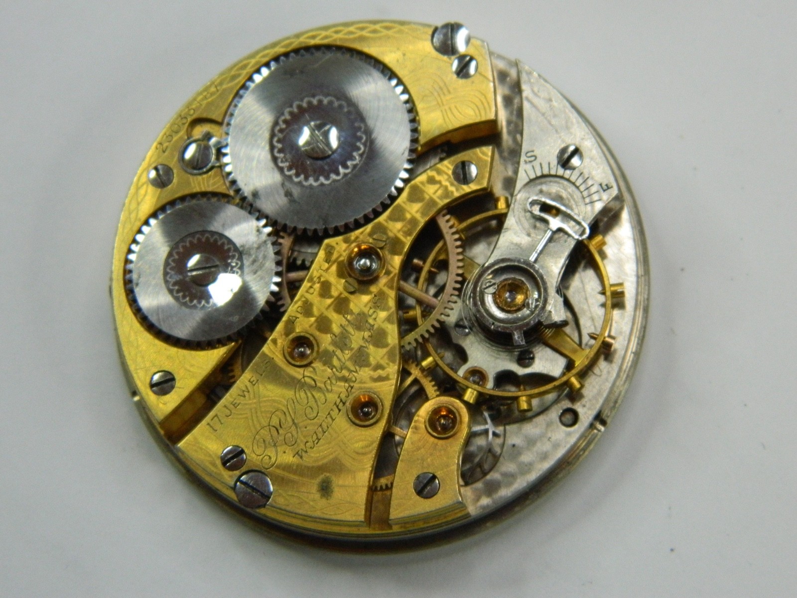 1919 WALTHAM #1908 16S PS BARTLETT GOLD FLASHED POCKET WATCH MOVEMENT – REPAIR