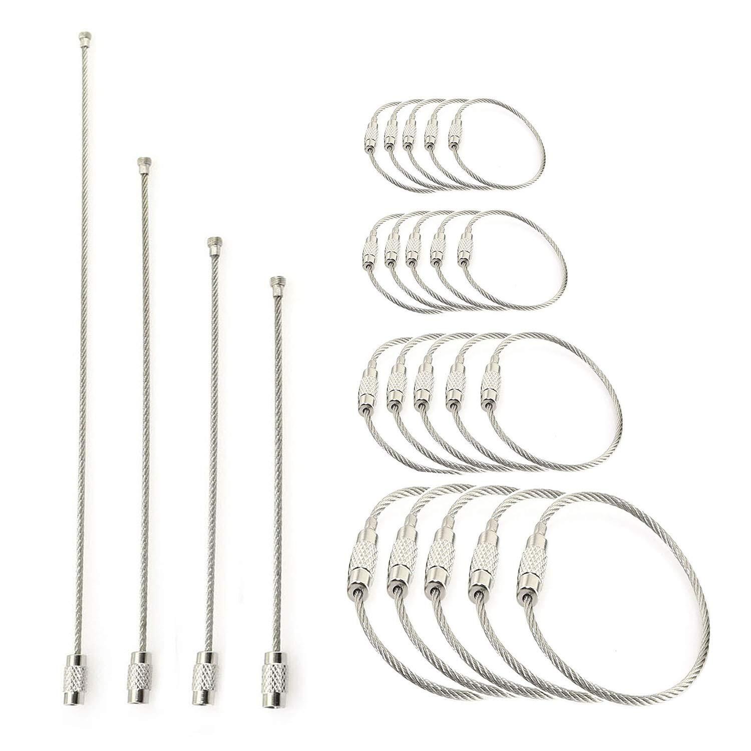 20pcs Stainless Steel Wire Keychains 1.5mm Aircraft Cable Key Ring Loops 4 Lengt