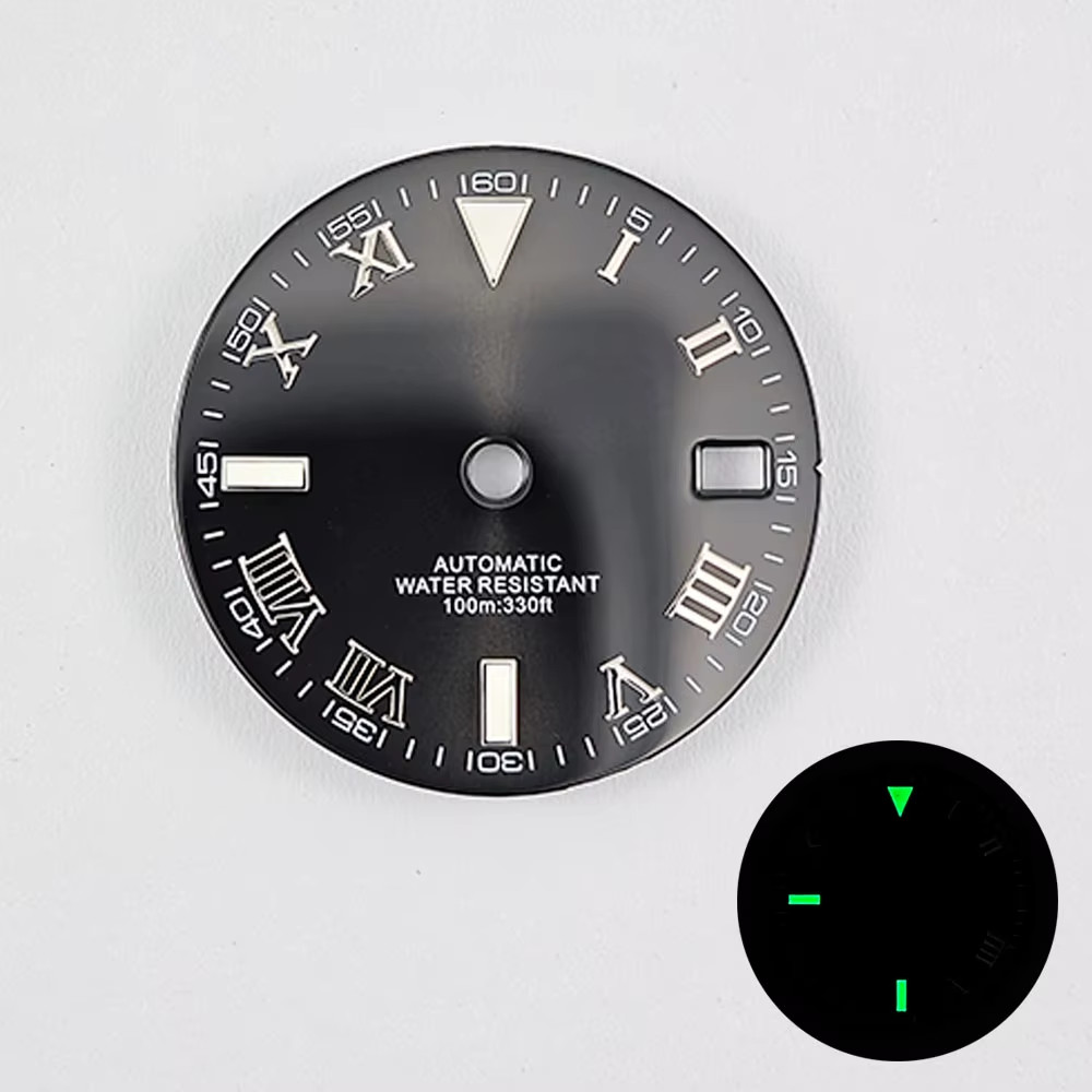 NH35 29Mm No Logo Sterile Sunburst Watch Dial for NH35A NH36 Movement Green Lumi