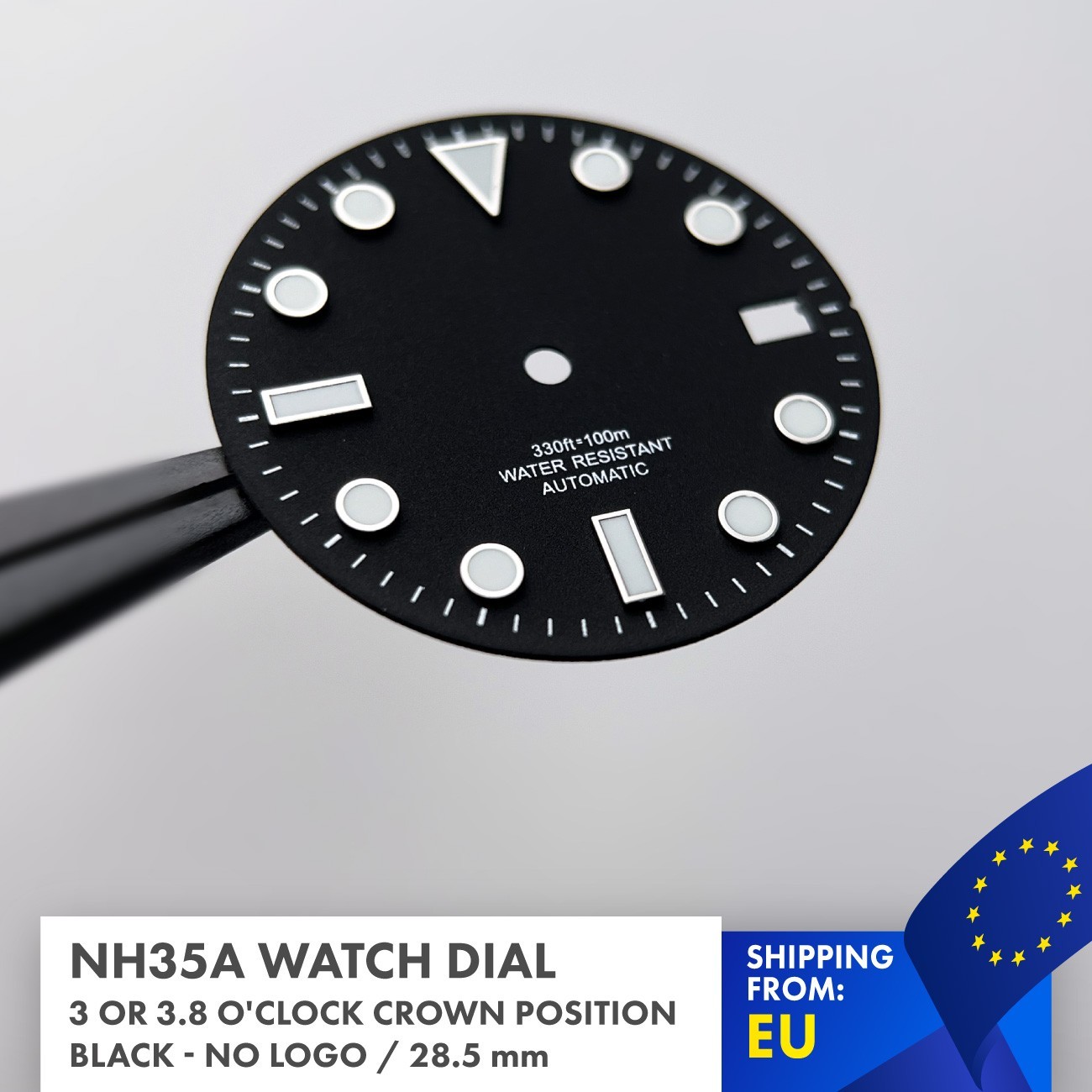 28.5mm Black SUB Watch Dial Fit NH35 – Luminous Hour Marks – No Logo
