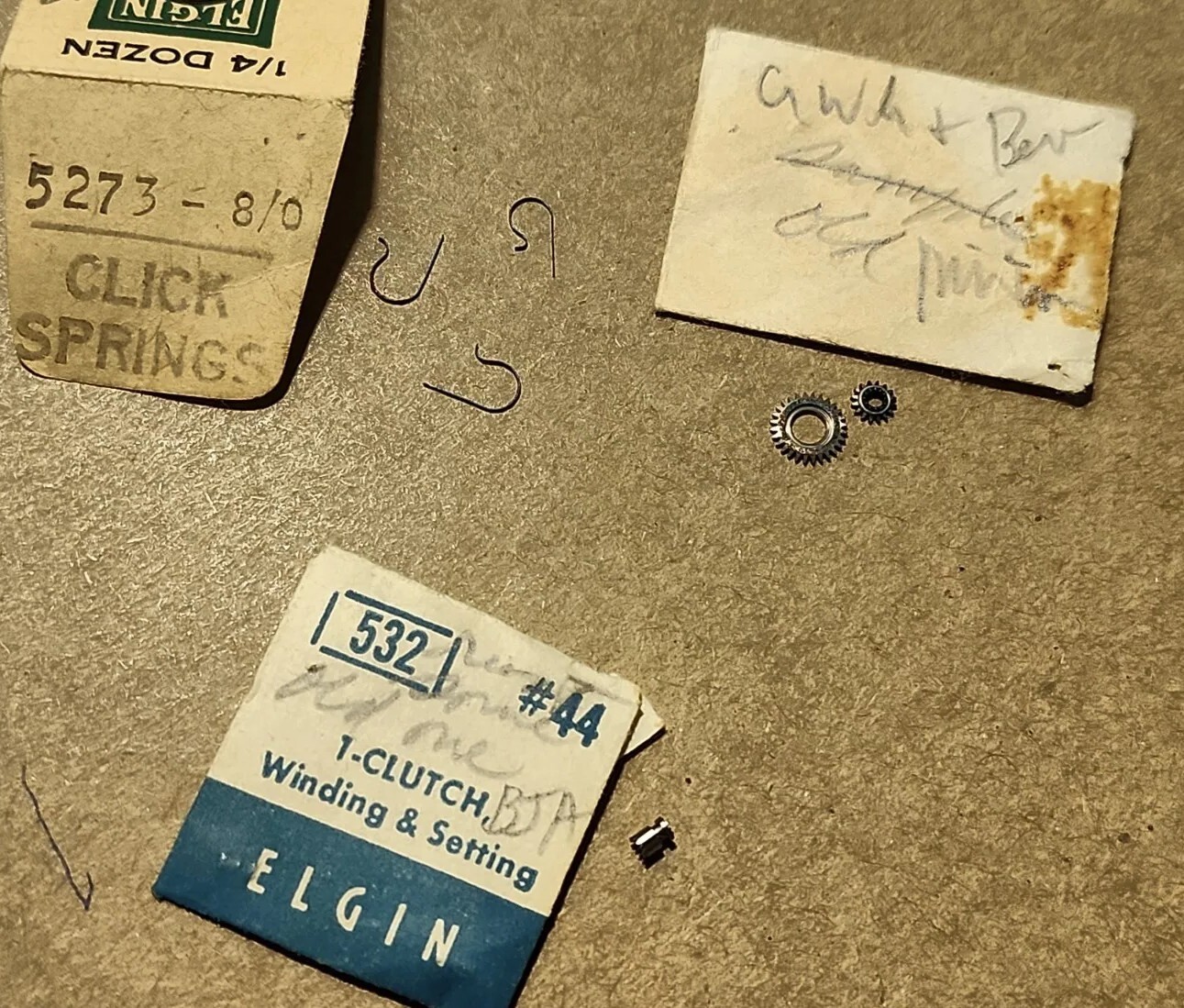 Elgin 8/0 Parts-Clutch Wheel, Click Springs, Crown Wheel, Bevel Pinion