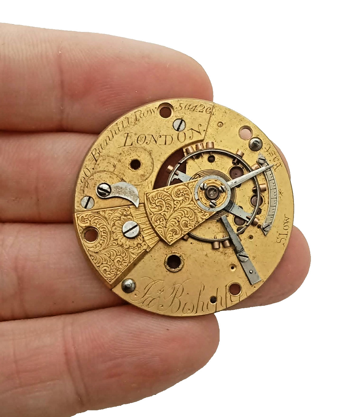 Antique Jas Bisshop Pocket Watch Mechanism Plate 20 Bunhill Row London