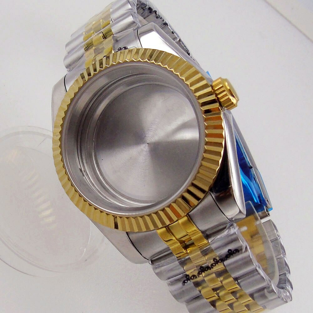BLIGER 39MM Two Tone Gold Strap Watch Case Fluted Bezel fit NH35A NH36A PT5000