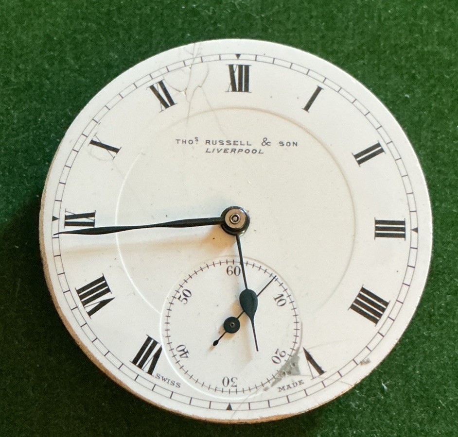 Vintage Men’s Thos Russell & Son Liverpool Pocket Watch Movement & Face Only S/r