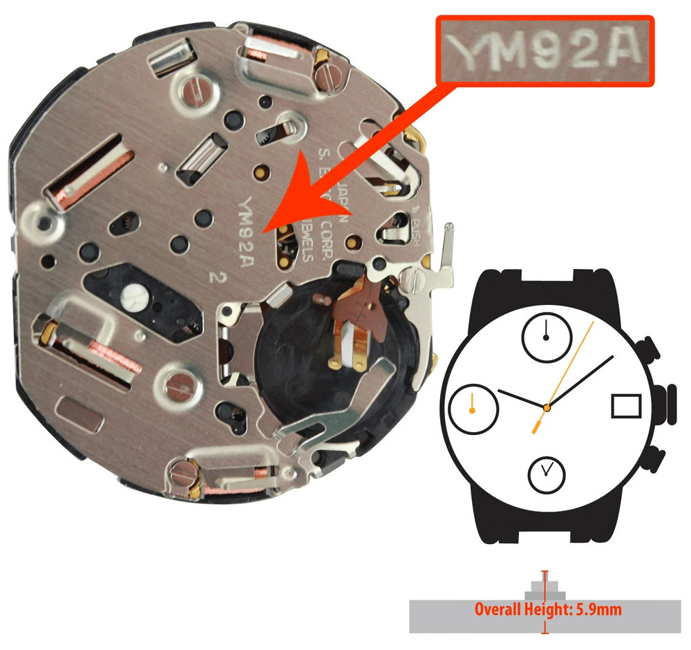 Original Hattori/Seiko YM92, Date @3 Chronograph Japan Quartz Movement, HT 5.9mm