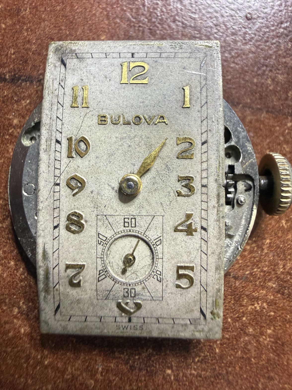 Bulova 10BS 15 Jewel Movement Rectangular Dial Minute Hand Missing Parts