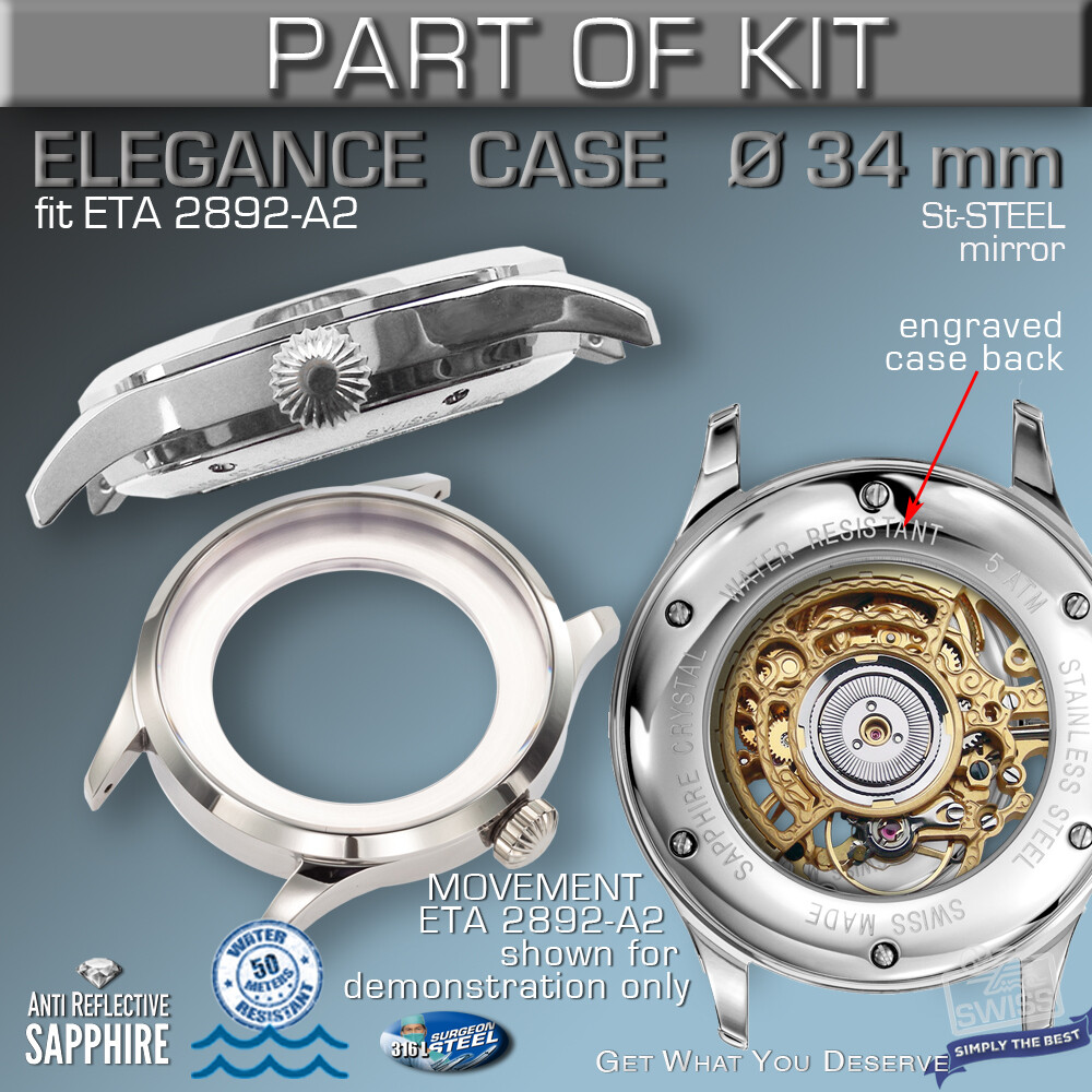 DO IT YOURSELF KIT 8: ELEGANCE CASE 34MM, DIAL, HANDS, fit ETA 2892-A2, SW300